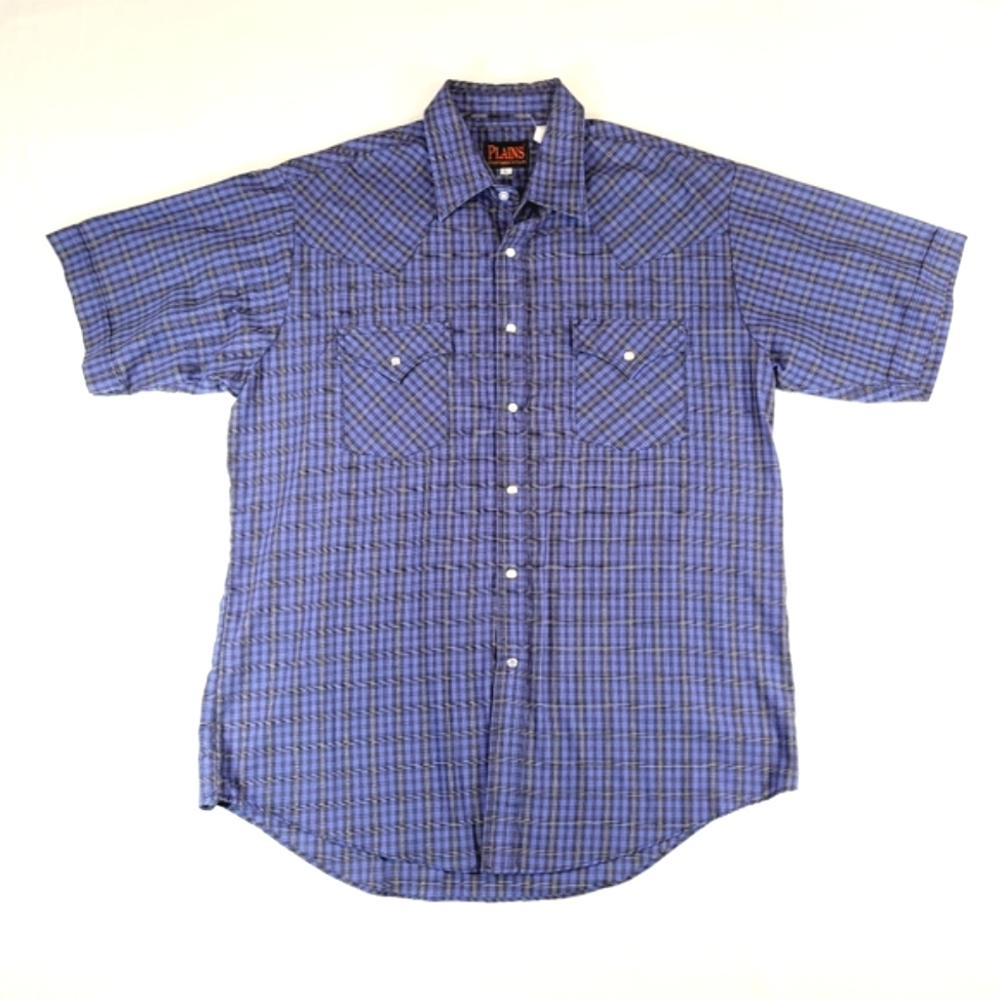Plains Western Wear Blue Plaid Shirt Short Sleeve Pearl Snap Buttons Size Large